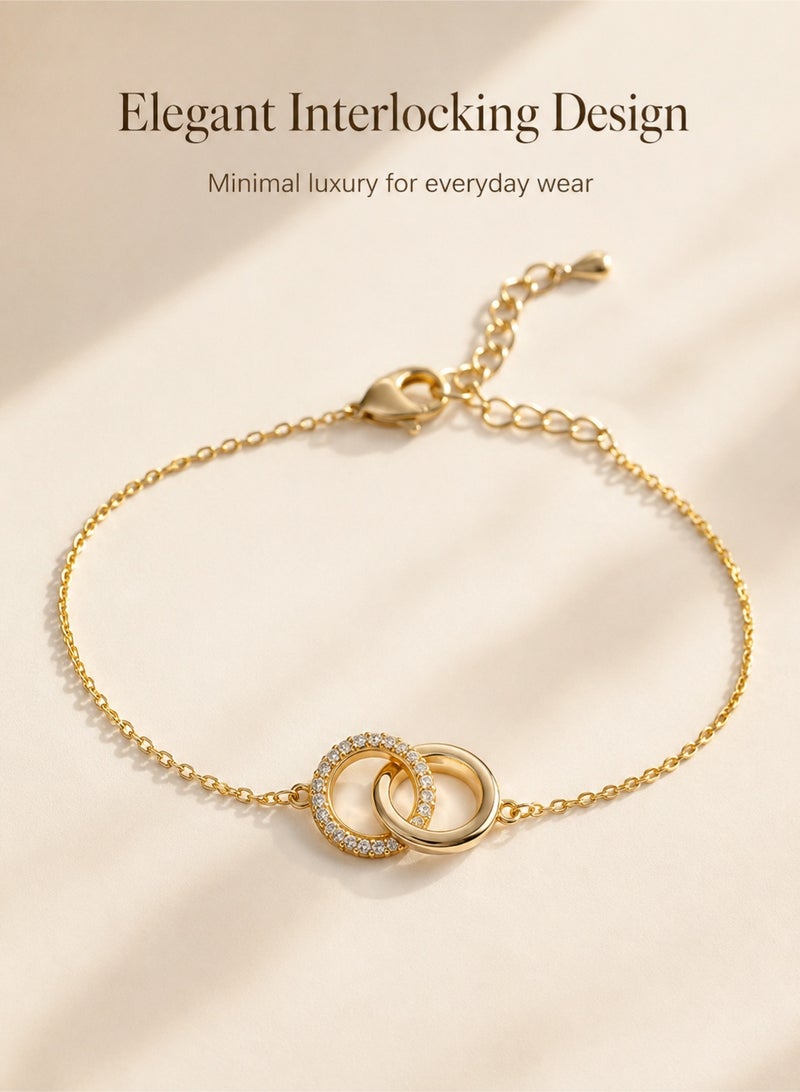ganwa Luxury Double Ring Link Bracelet for Women, Adjustable Minimalist Gold Tone Copper Bracelet, Elegant Fashion Jewelry for Daily Wear, Party and Wedding Accessories - Image 2
