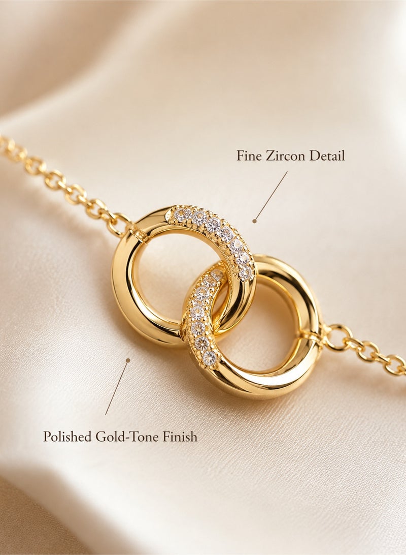 ganwa Luxury Double Ring Link Bracelet for Women, Adjustable Minimalist Gold Tone Copper Bracelet, Elegant Fashion Jewelry for Daily Wear, Party and Wedding Accessories - Image 3