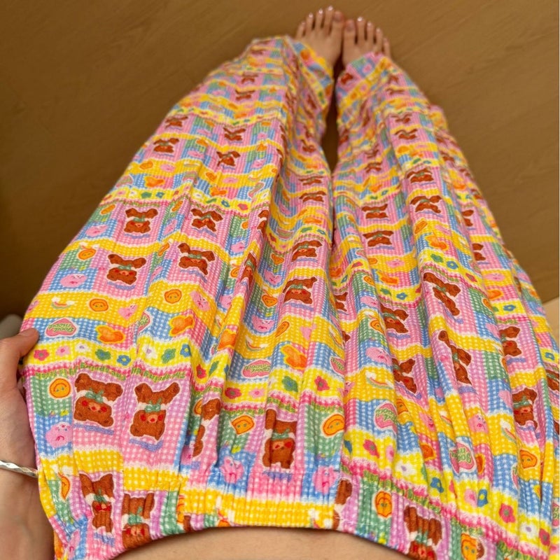 Colorful Plaid Sweet Bear Double-Layer Gauze Pajama Bottoms - Image 4