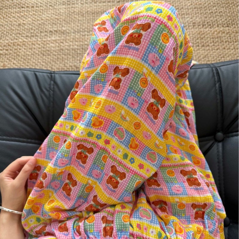 Colorful Plaid Sweet Bear Double-Layer Gauze Pajama Bottoms - Image 1