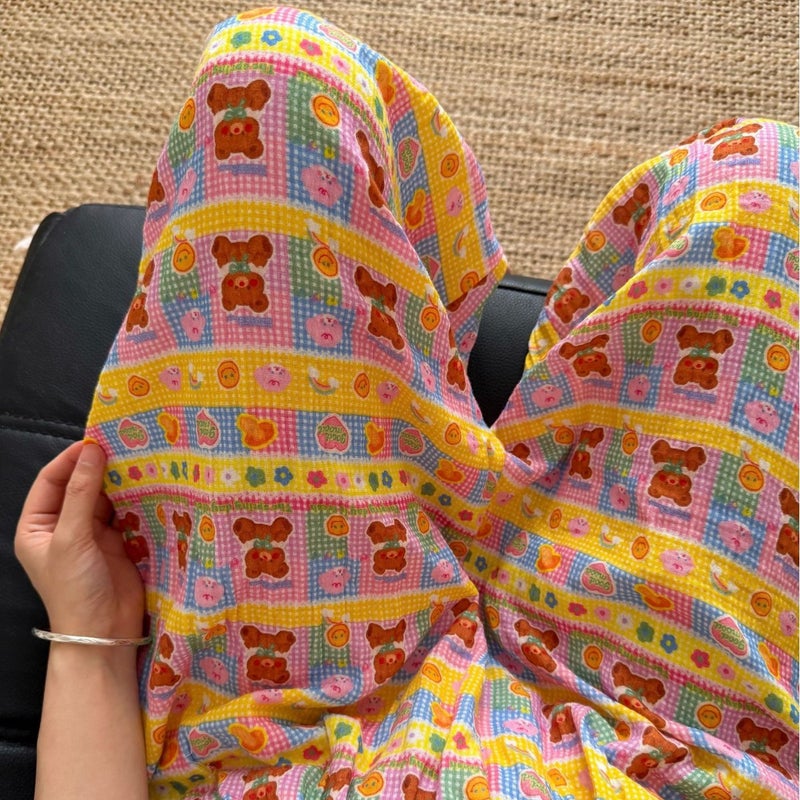 Colorful Plaid Sweet Bear Double-Layer Gauze Pajama Bottoms - Image 2