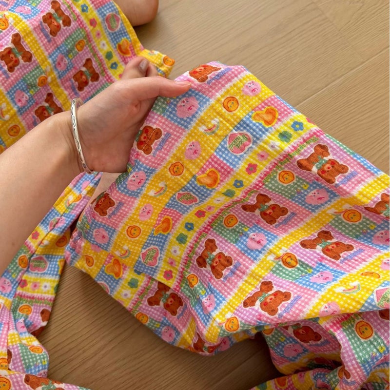 Colorful Plaid Sweet Bear Double-Layer Gauze Pajama Bottoms - Image 3