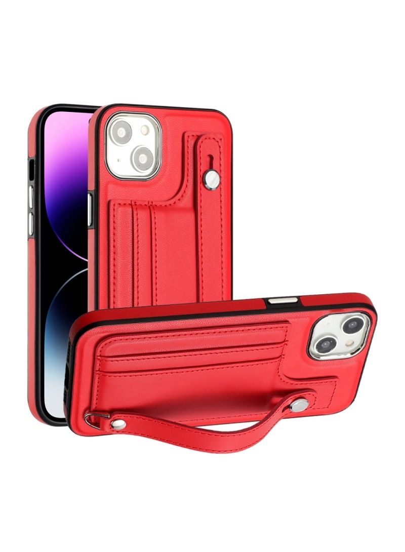 فيسوس جراب هاتف جلدي مقاوم للصدمات مع حزام معصم لهاتف iPhone 15 (أحمر)