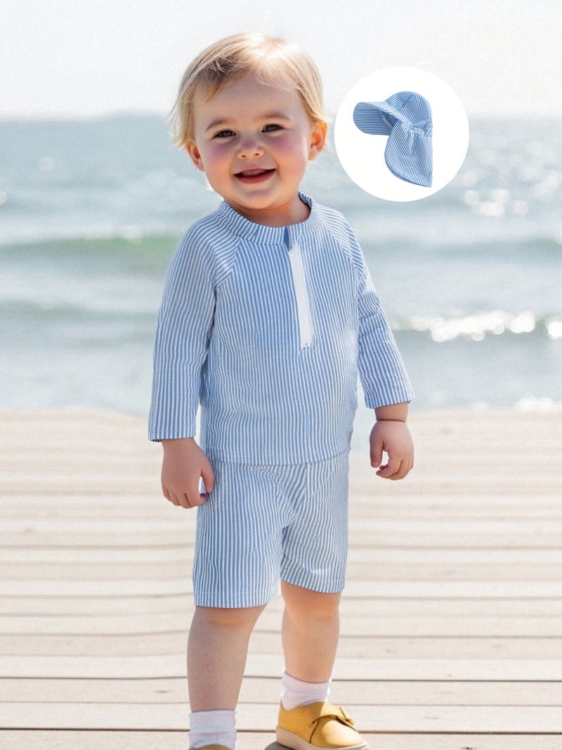 Toddler Boy Rash Guard Swimsuit Stripe Print Long Sleeve Mock Neck Tops with Shorts and Swimming Hat Bathing Suit - Image 4