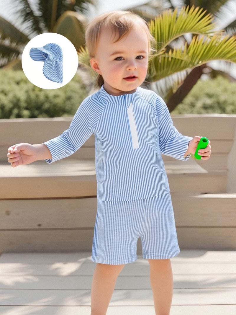 Toddler Boy Rash Guard Swimsuit Stripe Print Long Sleeve Mock Neck Tops with Shorts and Swimming Hat Bathing Suit - Image 5