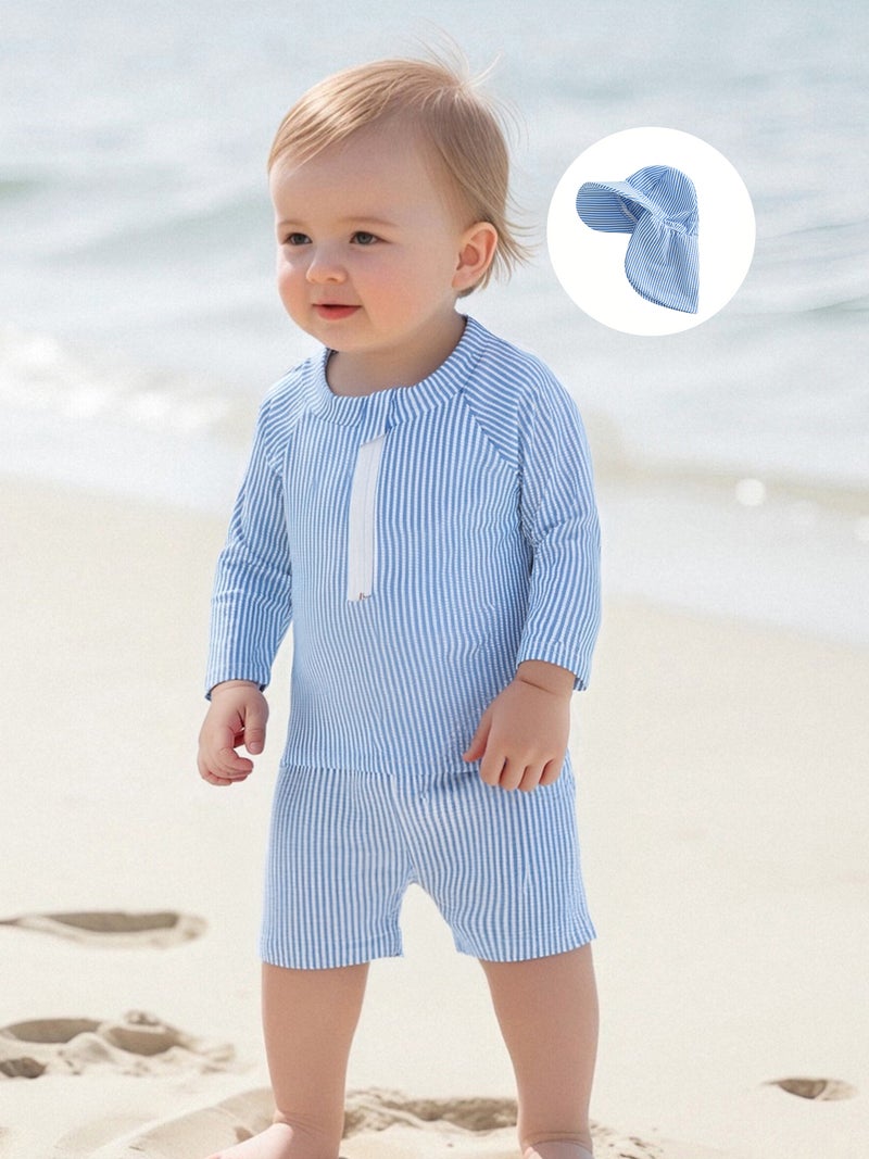 Toddler Boy Rash Guard Swimsuit Stripe Print Long Sleeve Mock Neck Tops with Shorts and Swimming Hat Bathing Suit - Image 1