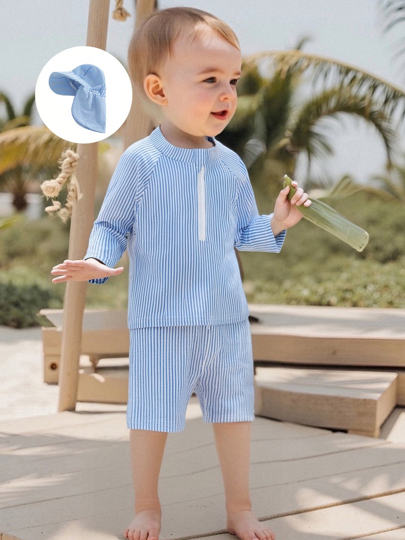Toddler Boy Rash Guard Swimsuit Stripe Print Long Sleeve Mock Neck Tops with Shorts and Swimming Hat Bathing Suit - Image 2