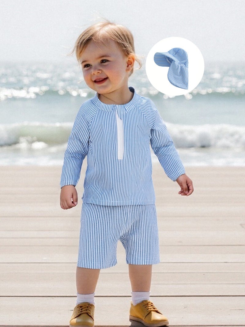 Toddler Boy Rash Guard Swimsuit Stripe Print Long Sleeve Mock Neck Tops with Shorts and Swimming Hat Bathing Suit - Image 3