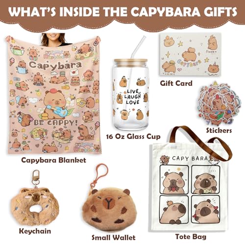 DHUENIOPE Capybara Gift Set with Large Blanket, 16 Oz Glass Cup, Tote Bag, Small Wallet, Keychain, Stickers, Gift Cards for Women Men Kids,Birthday Christmas Gift Ideas for Capybara Fans - Image 2