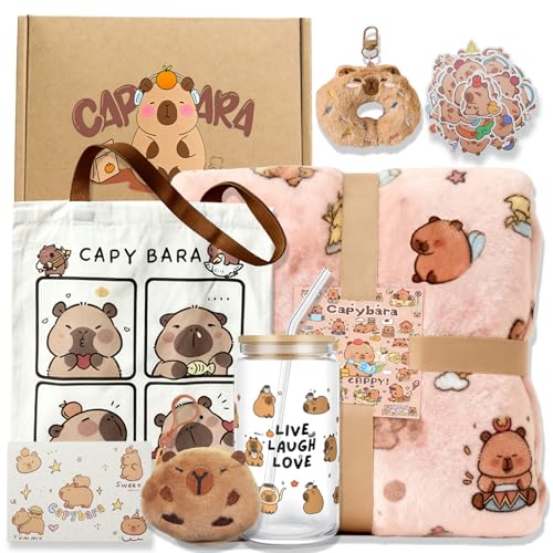 DHUENIOPE Capybara Gift Set with Large Blanket, 16 Oz Glass Cup, Tote Bag, Small Wallet, Keychain, Stickers, Gift Cards for Women Men Kids,Birthday Christmas Gift Ideas for Capybara Fans - Image 1