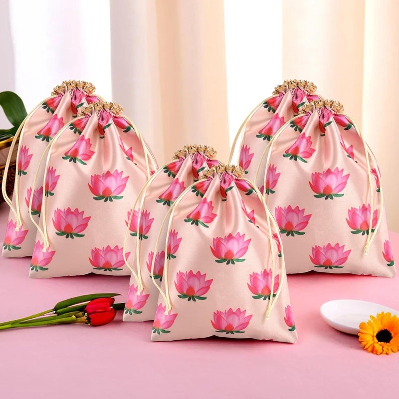 Kuber Industries Kuber Industries Pack of 6 Potli Bags 7x9 Inch Potli Bags for Return Gifts WeddingParty Bags Drawstring Closure Potli Wallet Potli Baby Shower Potli Lotus Print Cream  - Image 1