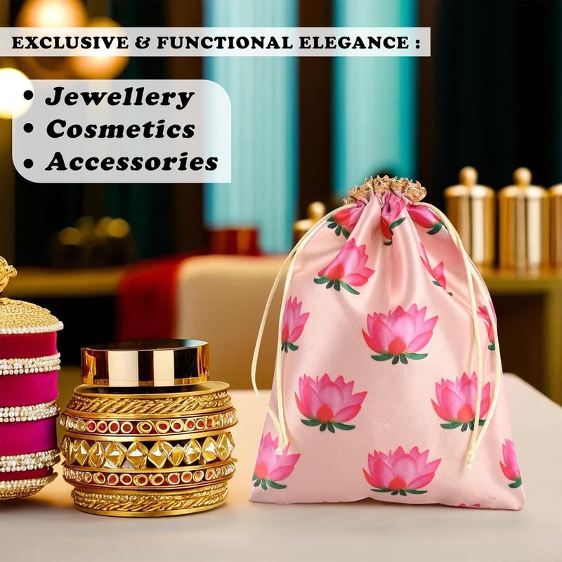 Kuber Industries Kuber Industries Pack of 6 Potli Bags 7x9 Inch Potli Bags for Return Gifts WeddingParty Bags Drawstring Closure Potli Wallet Potli Baby Shower Potli Lotus Print Cream  - Image 4