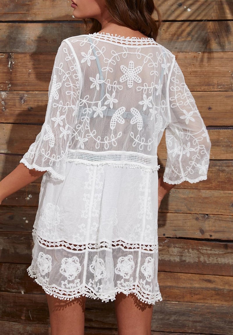 Eomenie Women's Contrast Lace Bathing Suit Cover Up V-Neck Swimsuit Coverups Loose Swimwear Beach Dress Beachwear White - Image 2