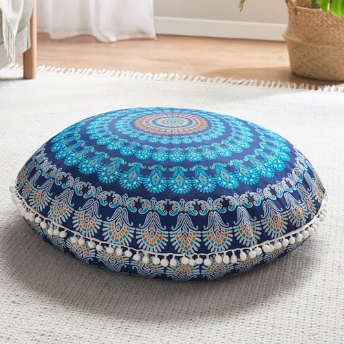 Codi Meditation Floor Pillow, Round Large Pillows Seating for Adults, Bohemian Mandala Circle Cushion for Outdoor Fireplace Yoga Living Room, 32 Inch, Memory Foam Added, Navy - Image 1