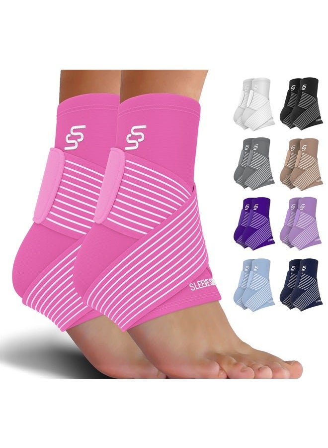SS SLEEVE STARS Brace for Women And Men, Plantar Fasciitis Relief for Ankle Compression Sleeve With Support Strap, Heel Wrap for Heel Pain - Pair Hot Pink  - Image 2