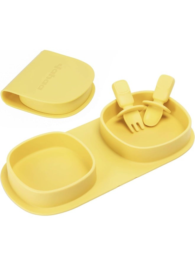 yahaa Toddler Plates Travel Essential on the go, Baby Plates with Forks and Spoons Self Feeding 6 months, Foldable, Silicone, BPA Free, Lemon - Image 1