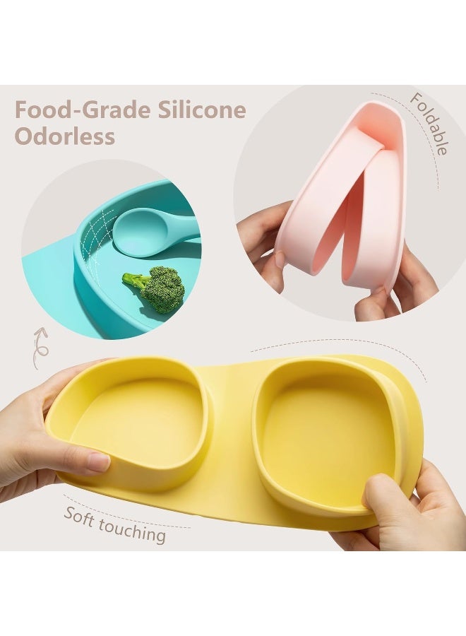 yahaa Toddler Plates Travel Essential on the go, Baby Plates with Forks and Spoons Self Feeding 6 months, Foldable, Silicone, BPA Free, Lemon - Image 4