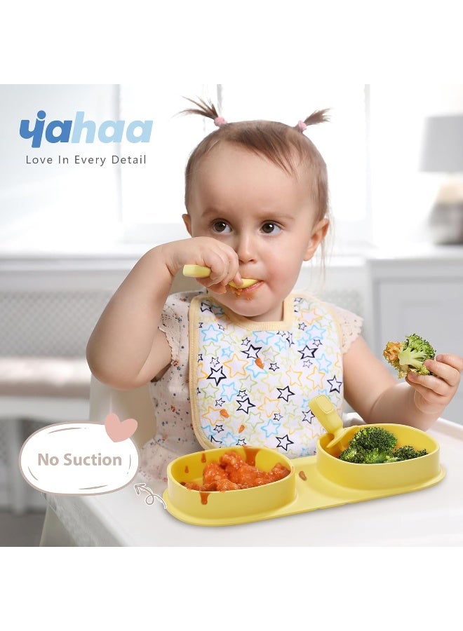 yahaa Toddler Plates Travel Essential on the go, Baby Plates with Forks and Spoons Self Feeding 6 months, Foldable, Silicone, BPA Free, Lemon - Image 2