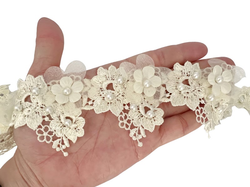 PEPPERLONELY 1 Yard White Pearl Rose Flower Embroidered Lace Trim Ribbon Wedding Applique DIY Sew On Supplies Craft Decoration 2 Inch Width, Ivory - Image 1