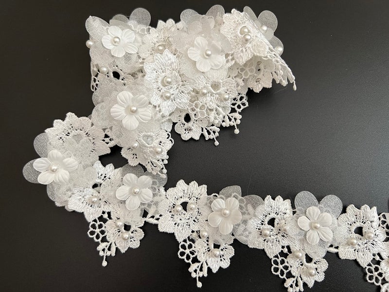 PEPPERLONELY 1 Yard White Pearl Rose Flower Embroidered Lace Trim Ribbon Wedding Applique DIY Sew On Supplies Craft Decoration 2 Inch Width, Ivory - Image 2