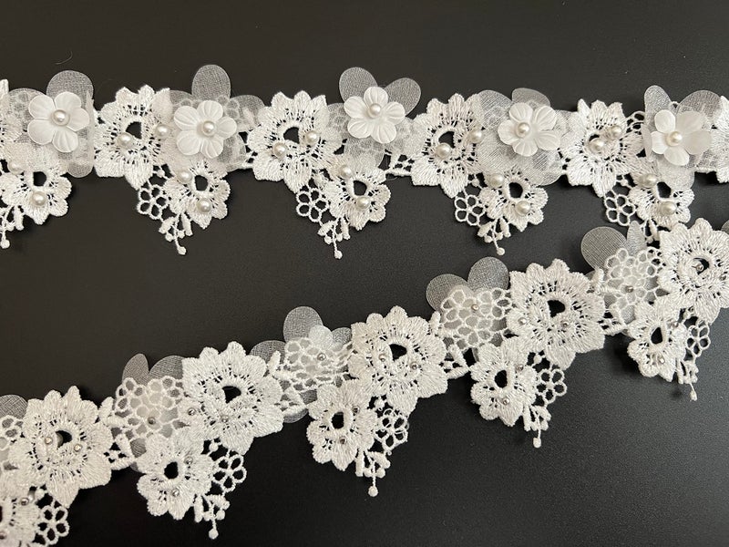 PEPPERLONELY 1 Yard White Pearl Rose Flower Embroidered Lace Trim Ribbon Wedding Applique DIY Sew On Supplies Craft Decoration 2 Inch Width, Ivory - Image 4
