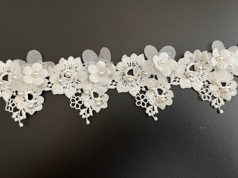 PEPPERLONELY 1 Yard White Pearl Rose Flower Embroidered Lace Trim Ribbon Wedding Applique DIY Sew On Supplies Craft Decoration 2 Inch Width, Ivory - Image 3