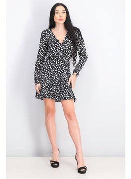 Miss Selfridge Women Polka Dot Long Sleeve V-neck Mini Dress, Black and White  - Image 3