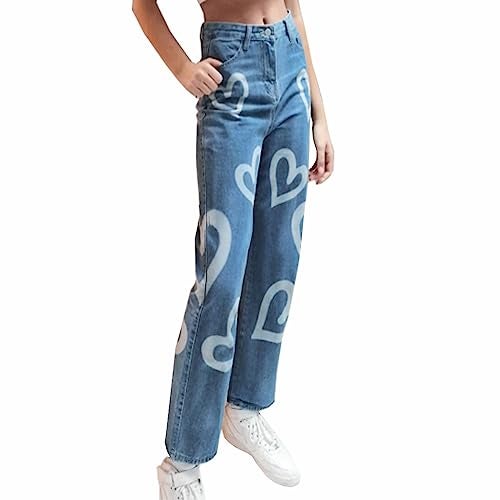 HBER Heart Print Jeans for Women Fashion Wide Leg High Waist Denim Pants Boyfriend Jeans Loose Fit Vintage Jeans for Teen Girls - Image 3