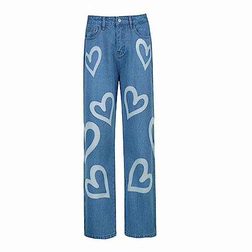 HBER Heart Print Jeans for Women Fashion Wide Leg High Waist Denim Pants Boyfriend Jeans Loose Fit Vintage Jeans for Teen Girls - Image 2