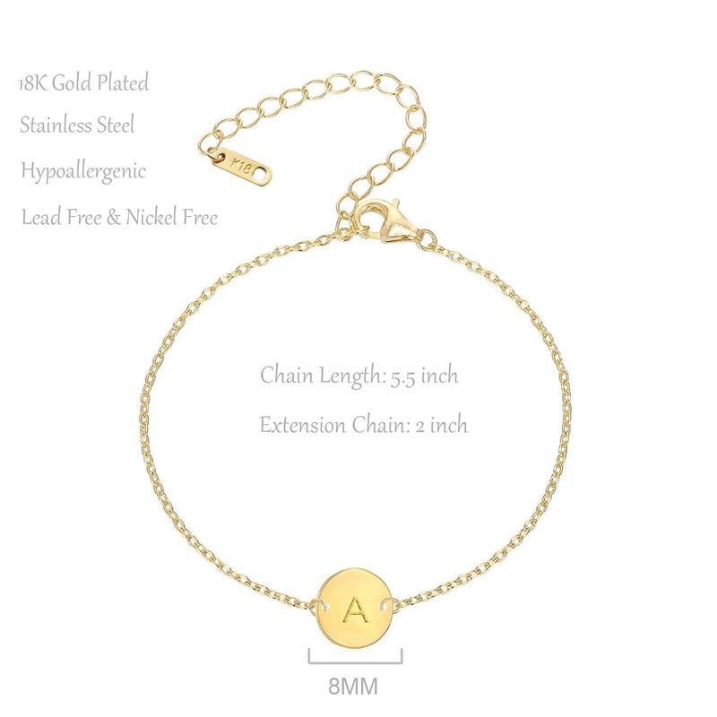Glimmerst Personalized Initial Bracelet, 18K Gold Plated Stainless Steel Letter N Bracelet Dainty Coin Charm Bracelet Delicate Disc Name Bracelet for Women - Image 5