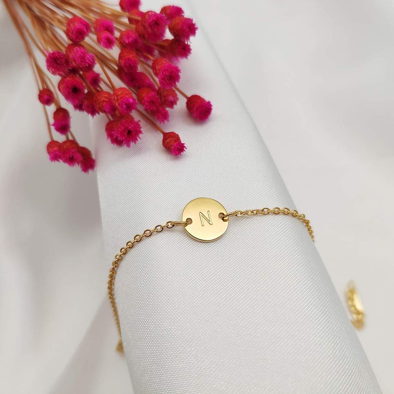 Glimmerst Personalized Initial Bracelet, 18K Gold Plated Stainless Steel Letter N Bracelet Dainty Coin Charm Bracelet Delicate Disc Name Bracelet for Women - Image 3