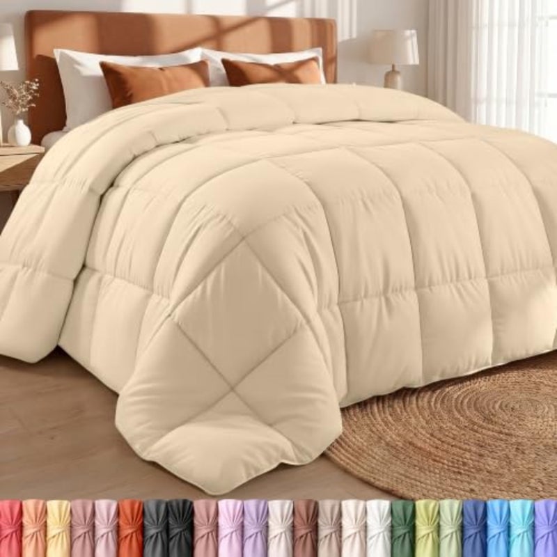 King Quilted Comforter Duvet Insert - Box Stitched Down Alternative Comforter with Corner Tabs Beige - Image 1