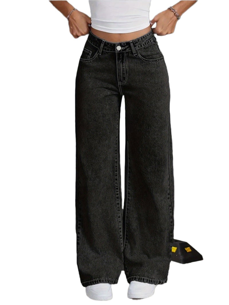 Women's High-Waisted Stretch Straight-Leg Pants - Elegant Black Trousers with Button Closure, Beltless Design for all-Season Wear, Casual to Dressy Outfits (Machine Washable) - Long Lengt... - Image 1