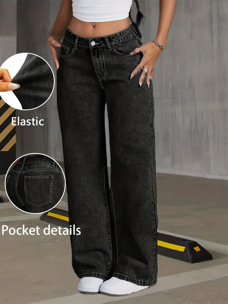 Women's High-Waisted Stretch Straight-Leg Pants - Elegant Black Trousers with Button Closure, Beltless Design for all-Season Wear, Casual to Dressy Outfits (Machine Washable) - Long Lengt... - Image 2