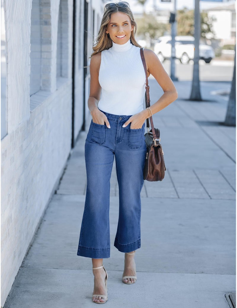 luvamia Wide Leg Jeans for Women Trendy High Waisted Flare Jeans Cropped Denim Pants Stretchy Baggy with Patch Pockets Cute Jeans for Women Dark Wash Jeans Women Darkness Blue Size 16 Size 18 - Image 5