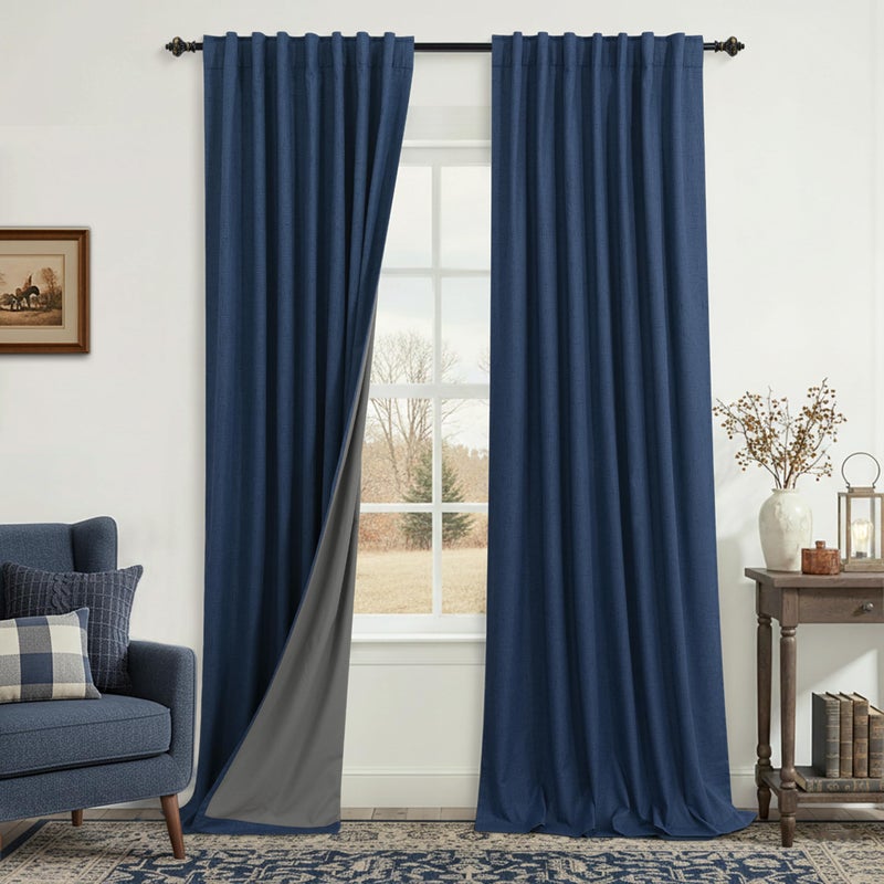 KOUFALL Navy Blue Linen Blackout Curtains 84 Inch Length, Dark Blue Thermal Insulated Winter Moody Curtains for Living Room Boys Bedroom Men, Wide 52x84 in Long, 2 Panels Set, Midnight Indigo - Image 1