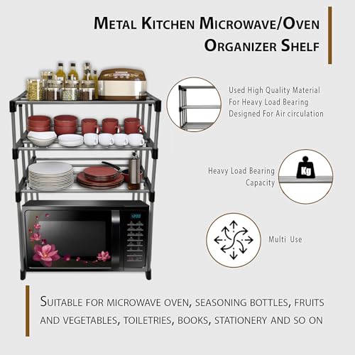 PHILOSHOP 3 - Layer Microwave Stand, OTG Stand, Microwave Oven Rack, Kitchen Storage Shelf (Black Pipe, Alloy Steel, Tiered Shelf) - Image 2