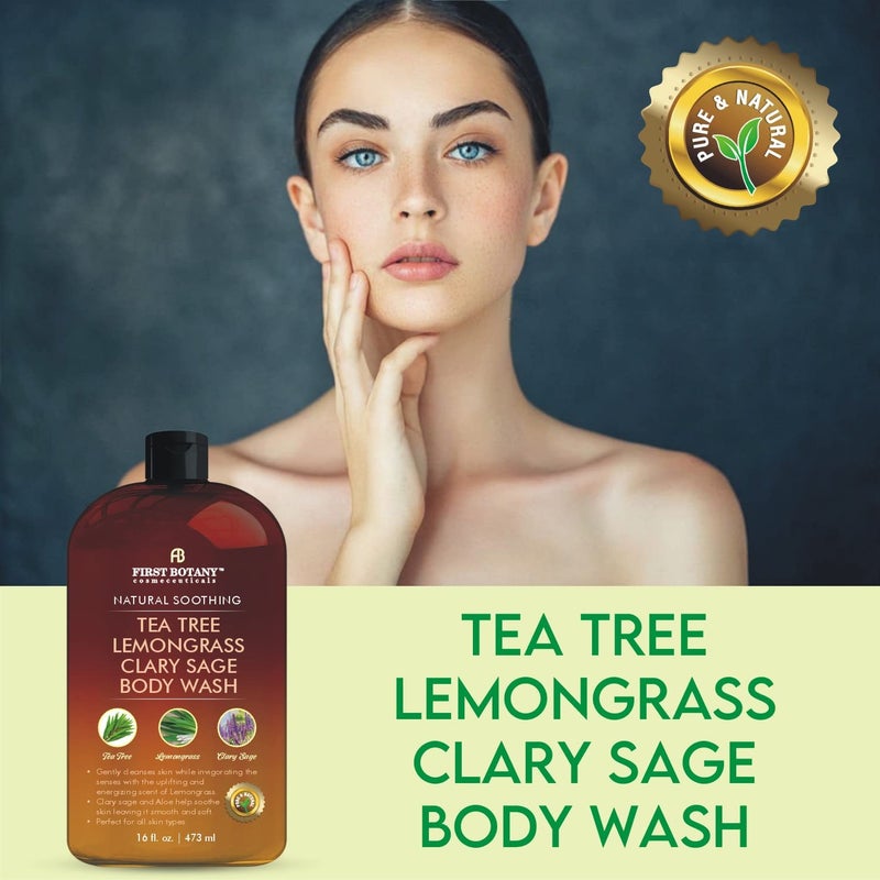 First Botany, ALL Natural Body Wash, Fights Body Odor, Athlete's Foot, Jock Itch, Dandruff, Acne, Eczema, Shower Gel for Women & Men, Skin Cleanser -16 fl oz (Tea Tree, Lemon Grass, Clary Sage) - Image 2