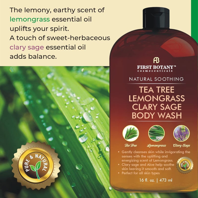 First Botany, ALL Natural Body Wash, Fights Body Odor, Athlete's Foot, Jock Itch, Dandruff, Acne, Eczema, Shower Gel for Women & Men, Skin Cleanser -16 fl oz (Tea Tree, Lemon Grass, Clary Sage) - Image 5
