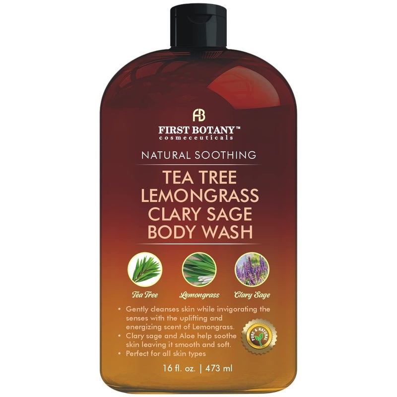 First Botany, ALL Natural Body Wash, Fights Body Odor, Athlete's Foot, Jock Itch, Dandruff, Acne, Eczema, Shower Gel for Women & Men, Skin Cleanser -16 fl oz (Tea Tree, Lemon Grass, Clary Sage) - Image 1