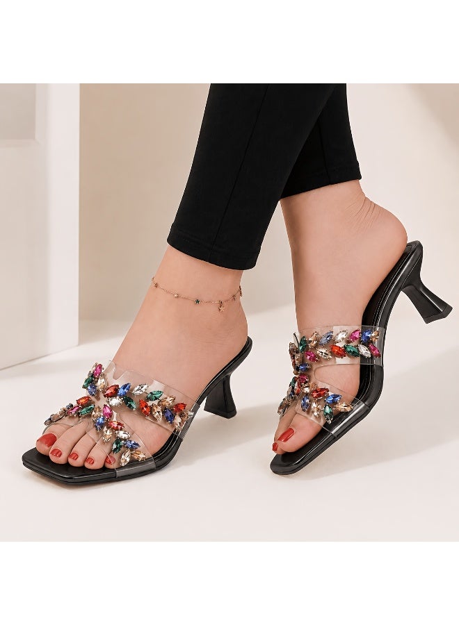 Women’s Rhinestone Heeled Sandals, Square Open Toe Clear Strap Slip-On Mules, Mid Heel Dress Shoes for Wedding Party Evening - Image 1