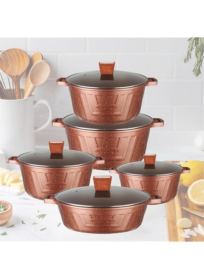 X spring 10 Piece Granite Non Stick Cookware Set   Pfoa Free, Durable Aluminum Pots Set For Saudi Family Cooking   20/24/28/32Cm Deep Pots With Glass Lids + 28Cm Shallow Pan With Glass Lid (Red) - Image 1