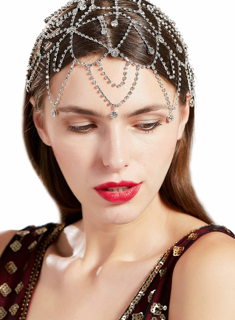 Excefore Flapper Headband Rhinestone Elastic 20s Bridal Headpiece Great Gatsby Accessory with Rhinestones Chain for 1920s Themed Wedding Costume - Image 1