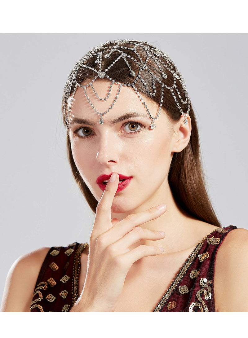 Excefore Flapper Headband Rhinestone Elastic 20s Bridal Headpiece Great Gatsby Accessory with Rhinestones Chain for 1920s Themed Wedding Costume - Image 2