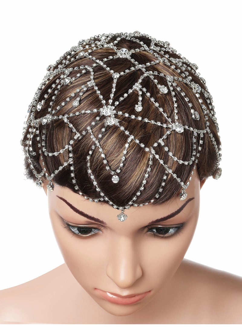 Excefore Flapper Headband Rhinestone Elastic 20s Bridal Headpiece Great Gatsby Accessory with Rhinestones Chain for 1920s Themed Wedding Costume - Image 5