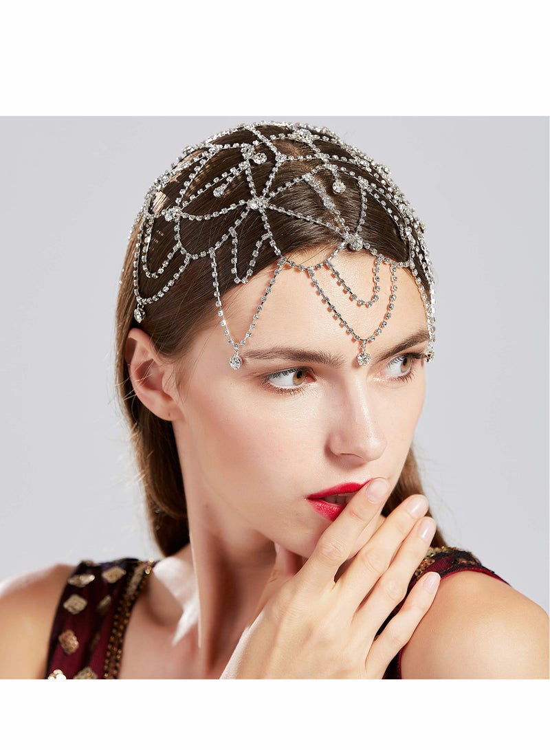 Excefore Flapper Headband Rhinestone Elastic 20s Bridal Headpiece Great Gatsby Accessory with Rhinestones Chain for 1920s Themed Wedding Costume - Image 3