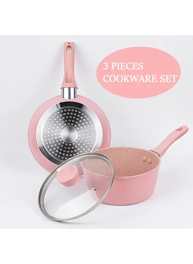 Food Grade Multifunctional Frying Pan 3 Piece Set Pink For Gas Stove Induction Cooker - Image 1