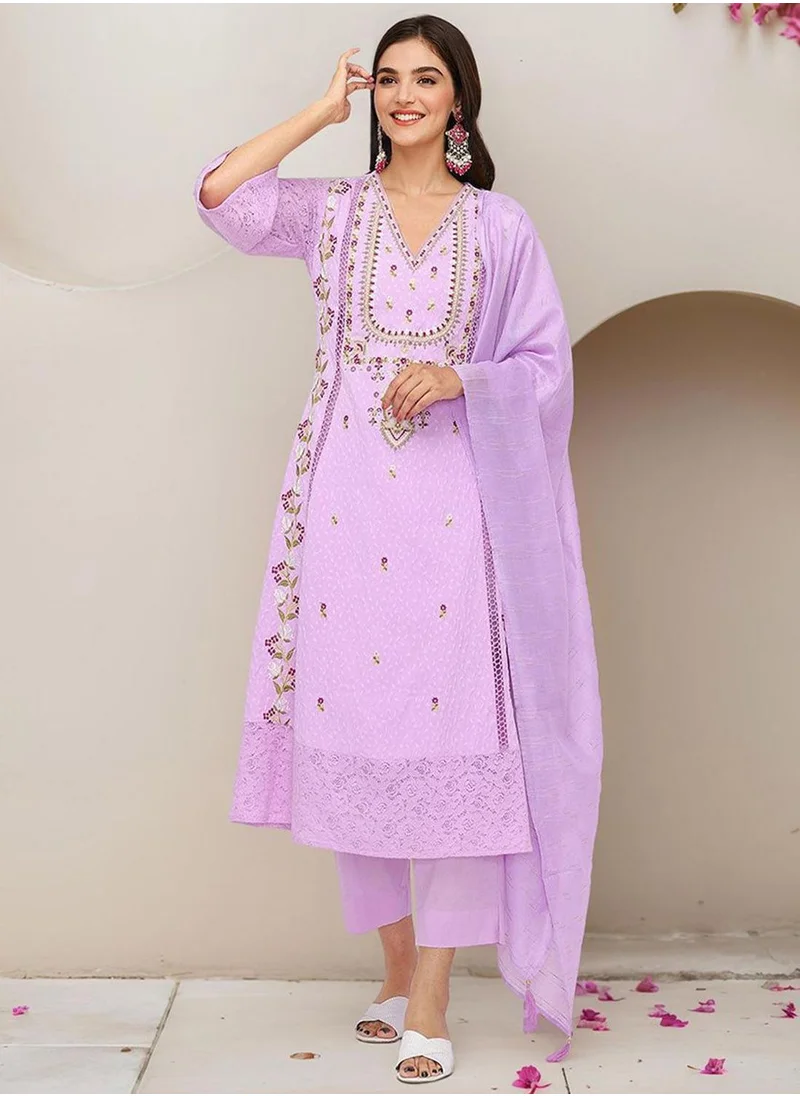 آي شين Women's Lilac Cotton Blend Embellished Tunic Full Length Casual Straight Fit Kurta Set
