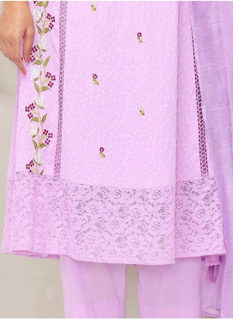 آي شين Women's Lilac Cotton Blend Embellished Tunic Full Length Casual Straight Fit Kurta Set