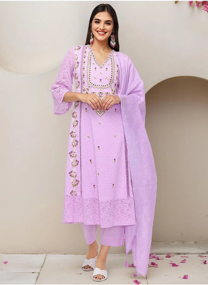 آي شين Women's Lilac Cotton Blend Embellished Tunic Full Length Casual Straight Fit Kurta Set